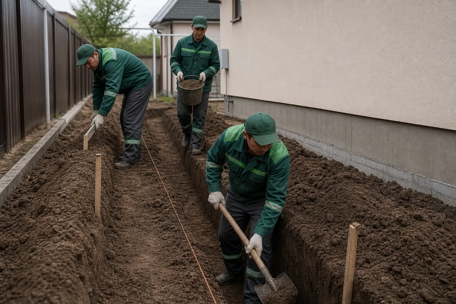 Копка траншей вручную: бригада на объекте